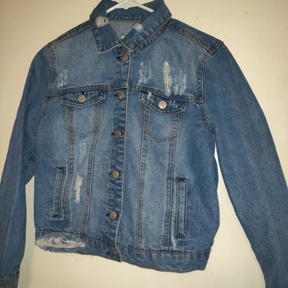 Rsq Denim Jean Jacket Women's S Distressed Medium Wash Blue Rips Trucker Pockets - Picture 2 of 16